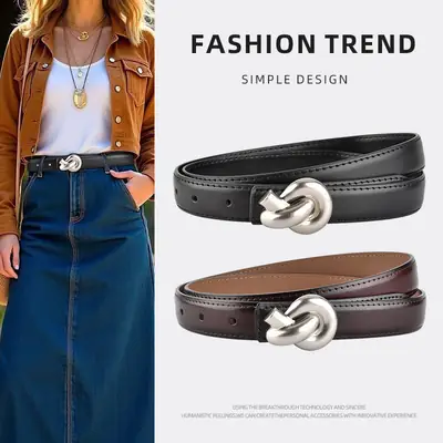 Black Genuine Leather Thin Belt for Women