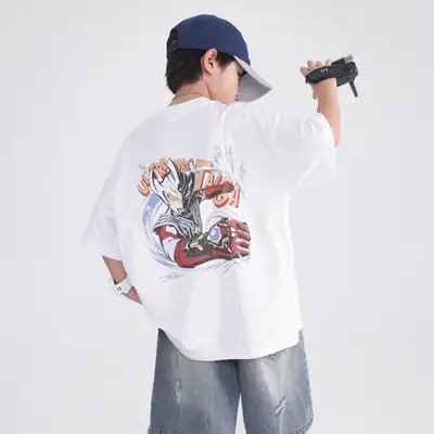 Boys White T-Shirt 2026 Summer Loose Cool Middle Large