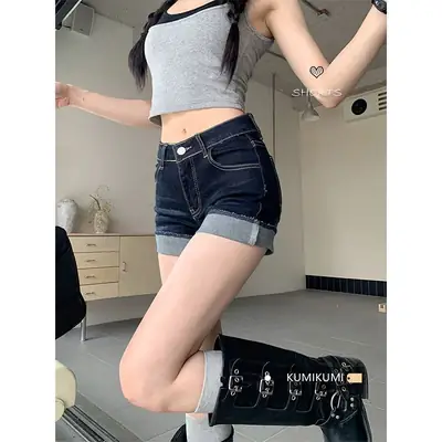 High-Waisted Dark Blue Stretchy Shorts for Women