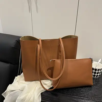 New Fashion Solid Brown Tote Bag Two-Piece Set