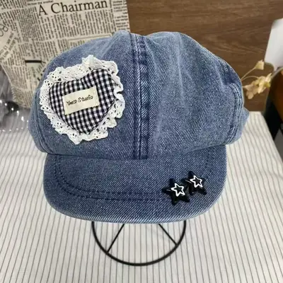 Heart Lace Denim Travel Cap with Sun Protection