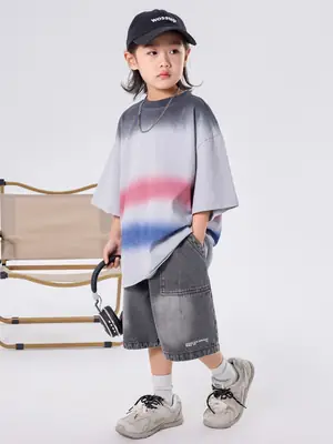 Kids Boys T-Shirt Grey Red Blue Gradient Cotton Medium Large