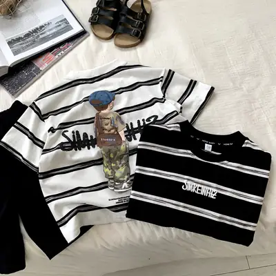 Boys Striped T-Shirt Medium Large Kids Summer Korean Style