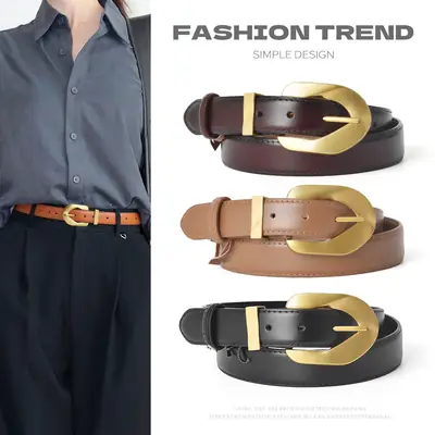 Korean Style Belt with Gold Buckle Brown Leather