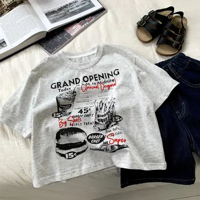 Boys Grey Graphic T-Shirt 2025 Summer Cool Western Style