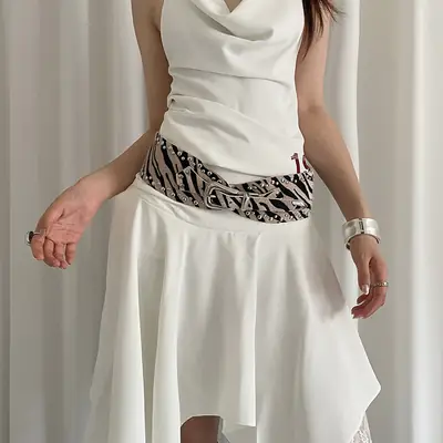 Women's Vintage Belted Waist Slimming Dress White