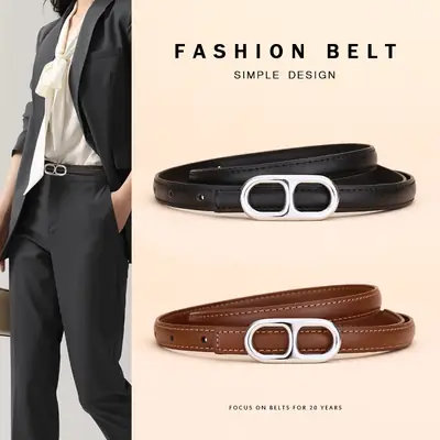 Black Leather Belt with Silver Buckle for Women