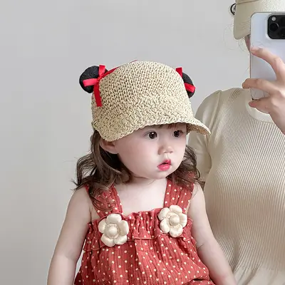 Baby Straw Hat with Red Bow for Girls