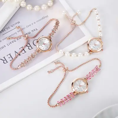 Women's Small Gold Watch with Diamond Pearl Chain
