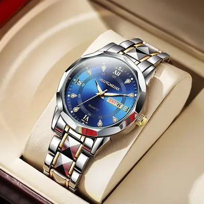 Men's Quartz Watch with Rivet Steel Band & Day/Week Display