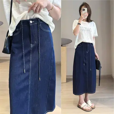 Women Denim Side Slit Skirt Dark Blue