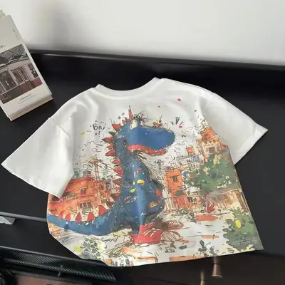 Kids Cotton Cartoon T-Shirt White Round Neck Summer
