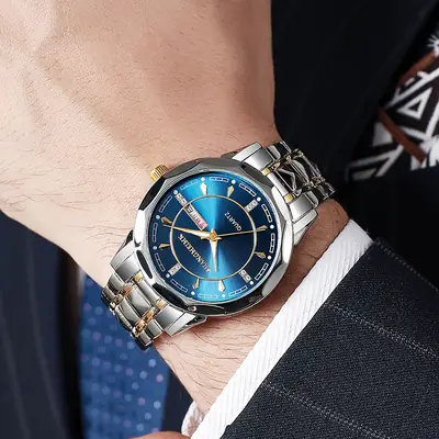 Men's Luminous Blue Quartz Watch with Rivet Steel Band