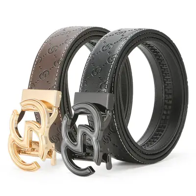 Men's Gold Logo Buckle Belt Black Leather