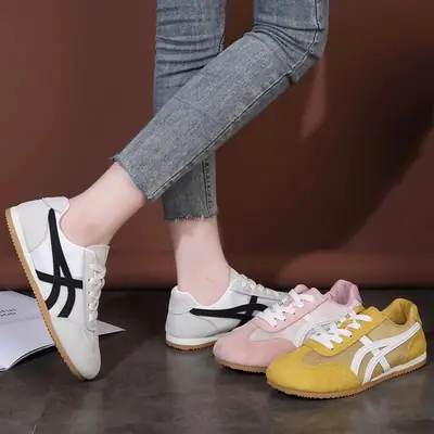 Women Genuine Leather Round Toe Training Shoes Pink Yellow