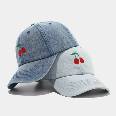 Women Cherry Embroidered Denim Baseball Cap