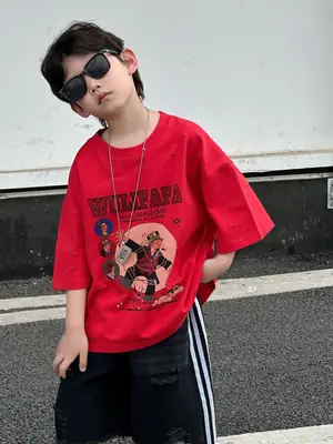 Boys Red Graphic T-Shirt Mid Sleeve Summer Wear