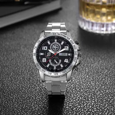 Men's Black Chronograph Watch with Stainless Steel Band