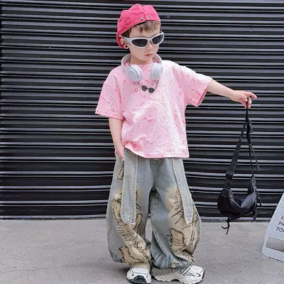 Boys 2-Piece Denim Suit Pink Wide Leg Pants Burnt Flower T-Shirt
