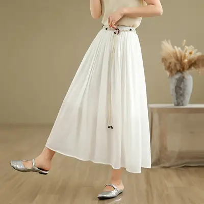 Women's White High-Waist Pleated Skirt with Belt