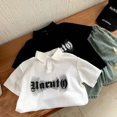 White Cartoon Letter Polo Shirt for Boys Cotton Short Sleeve