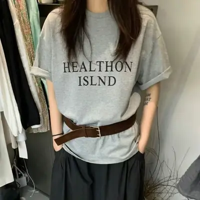2025 Women Korean Letter Printed T-Shirt Set with Belt
