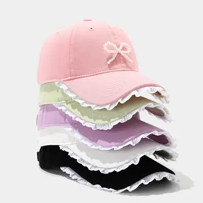 Pink Lace Baseball Cap with Pearl Bow for Women