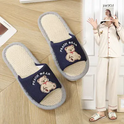 Summer Cartoon Linen Slippers for Men, Spring & Fall Home Indoor Non-Slip Four-Season Cute Bear Cotton and Linen Slippers for Women