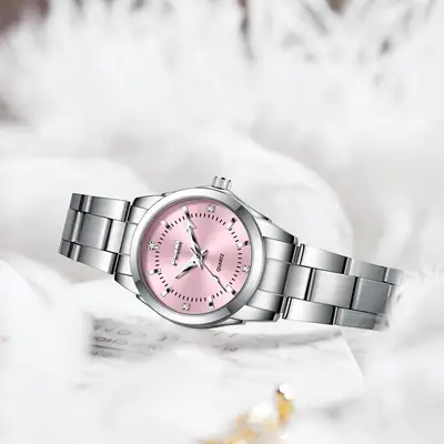 Women's Stainless Steel Pink Dial Watch with Luminous Dial