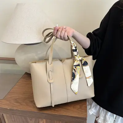 Women Large Capacity Shoulder Bag Beige with Silk Bow
