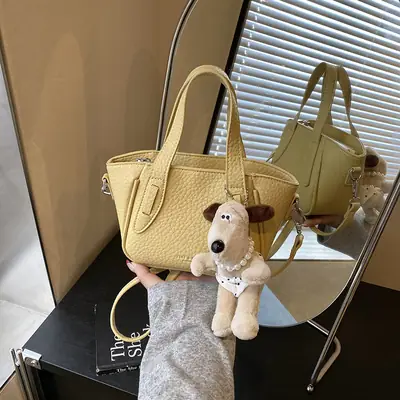 Women's Beige Leather Shoulder Bag with Cute Bear Charm