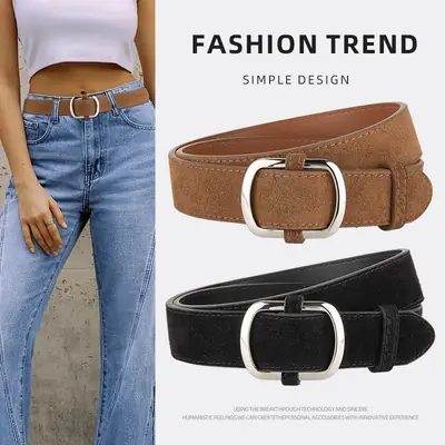 Women Cross-Country Frosted Leather Belt酒红色 Buckle