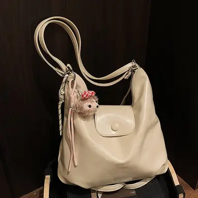 Women's Beige Retro Shoulder Tote Bag with Doll Decor