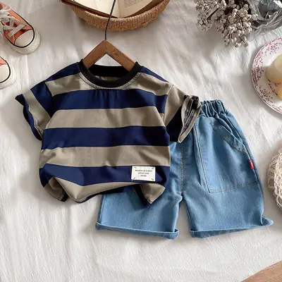 Boys Striped Cotton Shorts Set Blue Beige