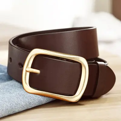Men's Black Genuine Leather Belt with Gold Pin Buckle