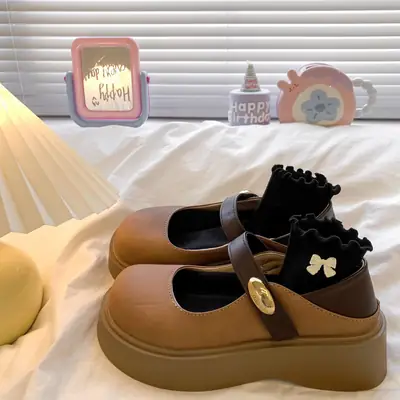 Retro Mary Jane Shoes Women Brown Thick Sole
