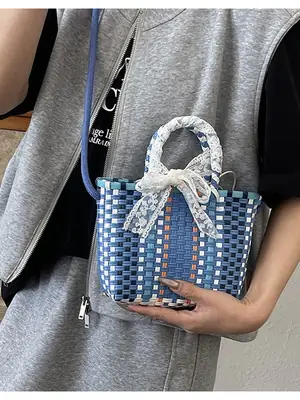 Blue Woven Crossbody Bag for Women Small Square Design