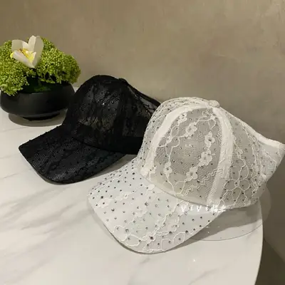 Black Rhinestone Lace Half Empty Baseball Cap for Women