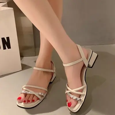 2025 Rhinestone Strap Sandals Women Summer White Thick Heel