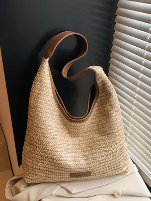 Women Straw Bag Large Capacity Contrast Color 2025