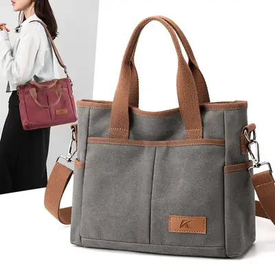 Korean-style Grey Canvas Shoulder Bag with Brown Handles