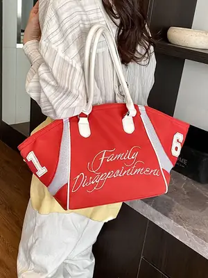 Women's Red Embroidered Bowling Handheld Tote Bag