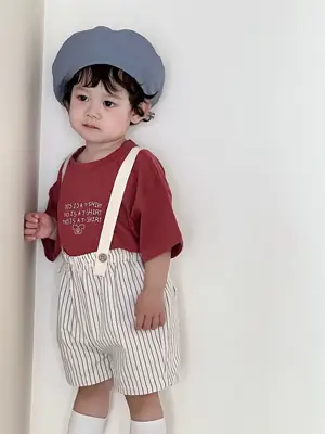 Kids Letter T-Shirt Shorts Suit Red White Striped