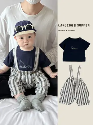 Baby Summer Suspenders Set Navy Striped Anti-Mosquito Pants