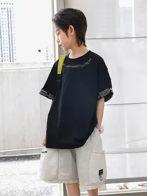 Panda Yuan Yuan Boys Letter T-Shirt Pure Cotton Summer