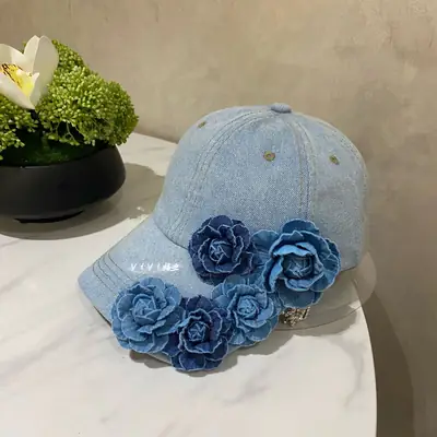 Denim Blue Floral Baseball Cap for Women