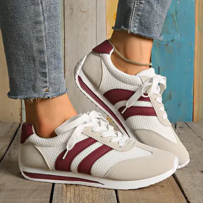 Women's Maroon & White Mesh Sports Shoes with Soft Sole