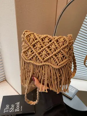 Women's Woven Tassel Shoulder Bag Brown 2024