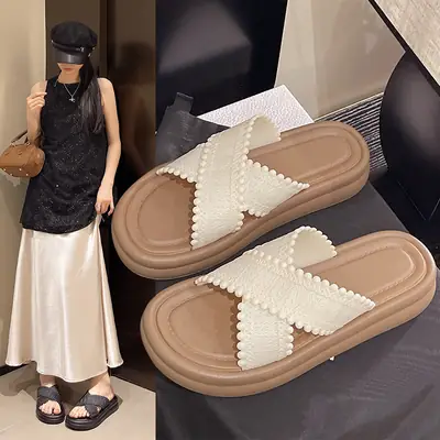 2025 Black Cross Strap Slippers Women Beach Wear