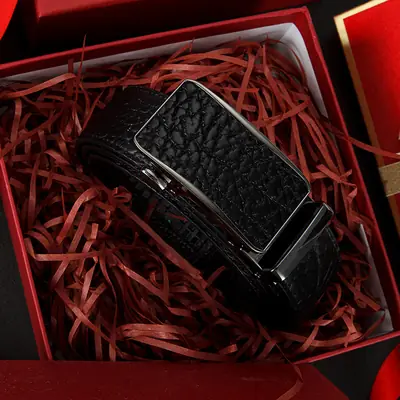 Men's Black Genuine Leather Belt with Automatic Buckle